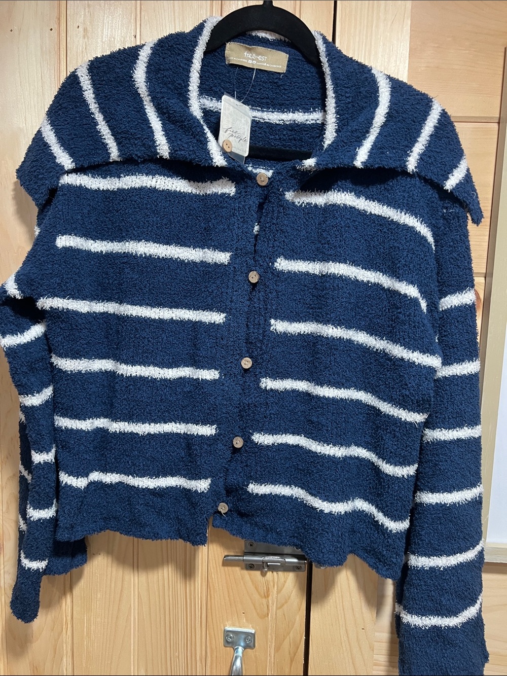 Free People Navy & White Striped Button Cardigan